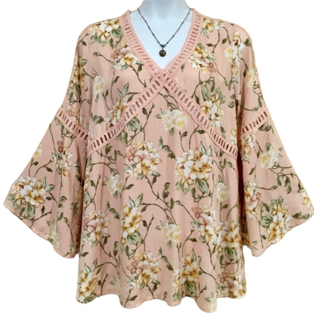 Perch 1X Peach Floral Bell Sleeve V-neck Dress